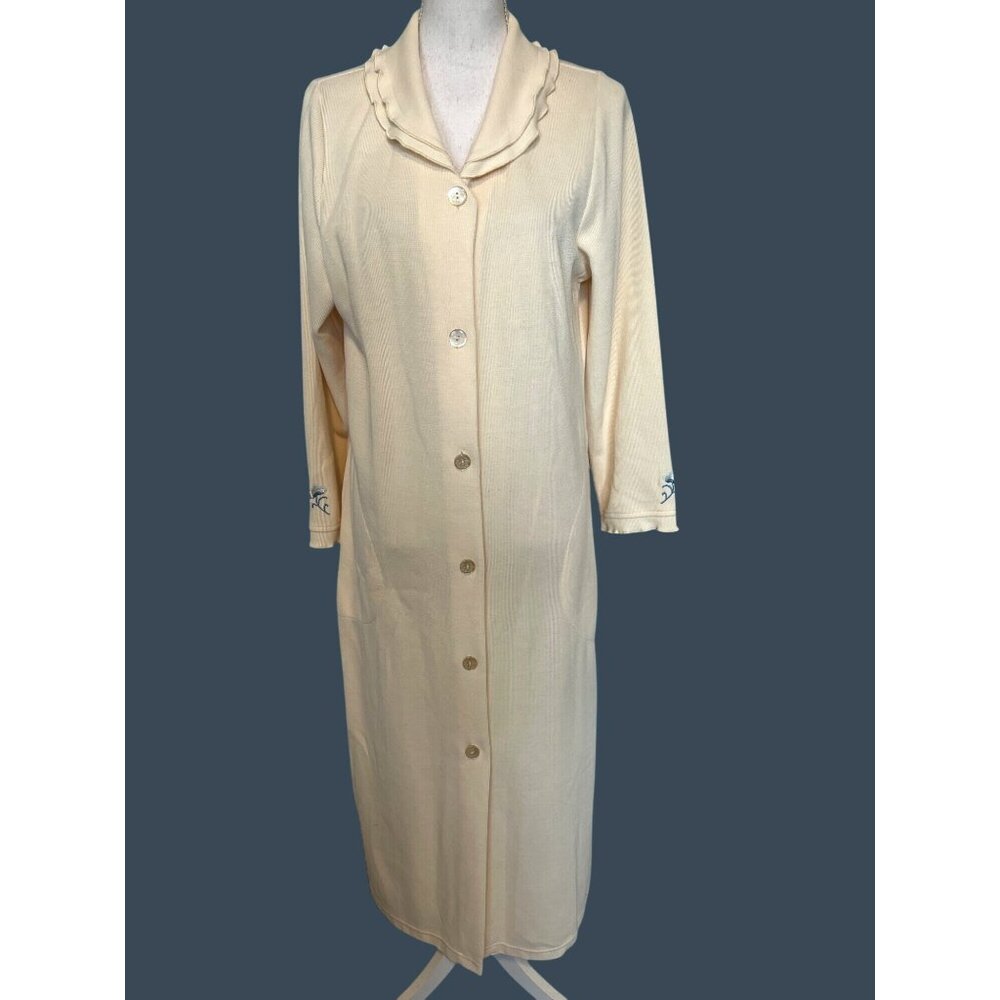 Shadowline Womens Ivory Long Button Up Cardigan Ruffled Collar Embroidered Cuffs